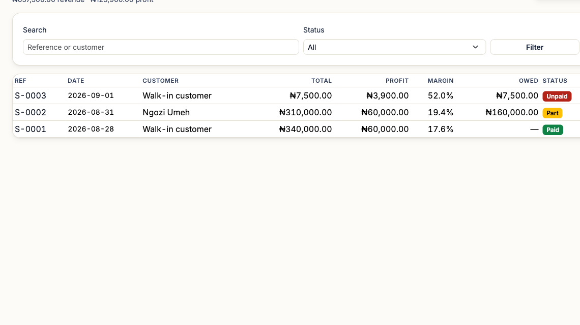 The sales list, with a status column showing Part or Paid for each sale and an owed column for the balance outstanding