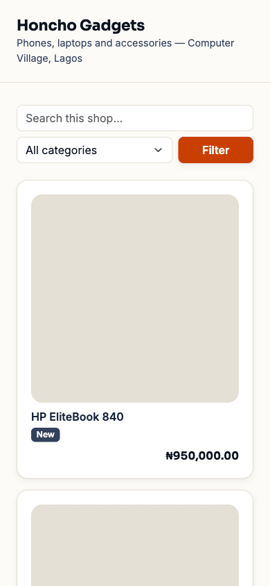 The public storefront on a phone, showing the shop's name, a search bar, a category filter, and a product card with its price